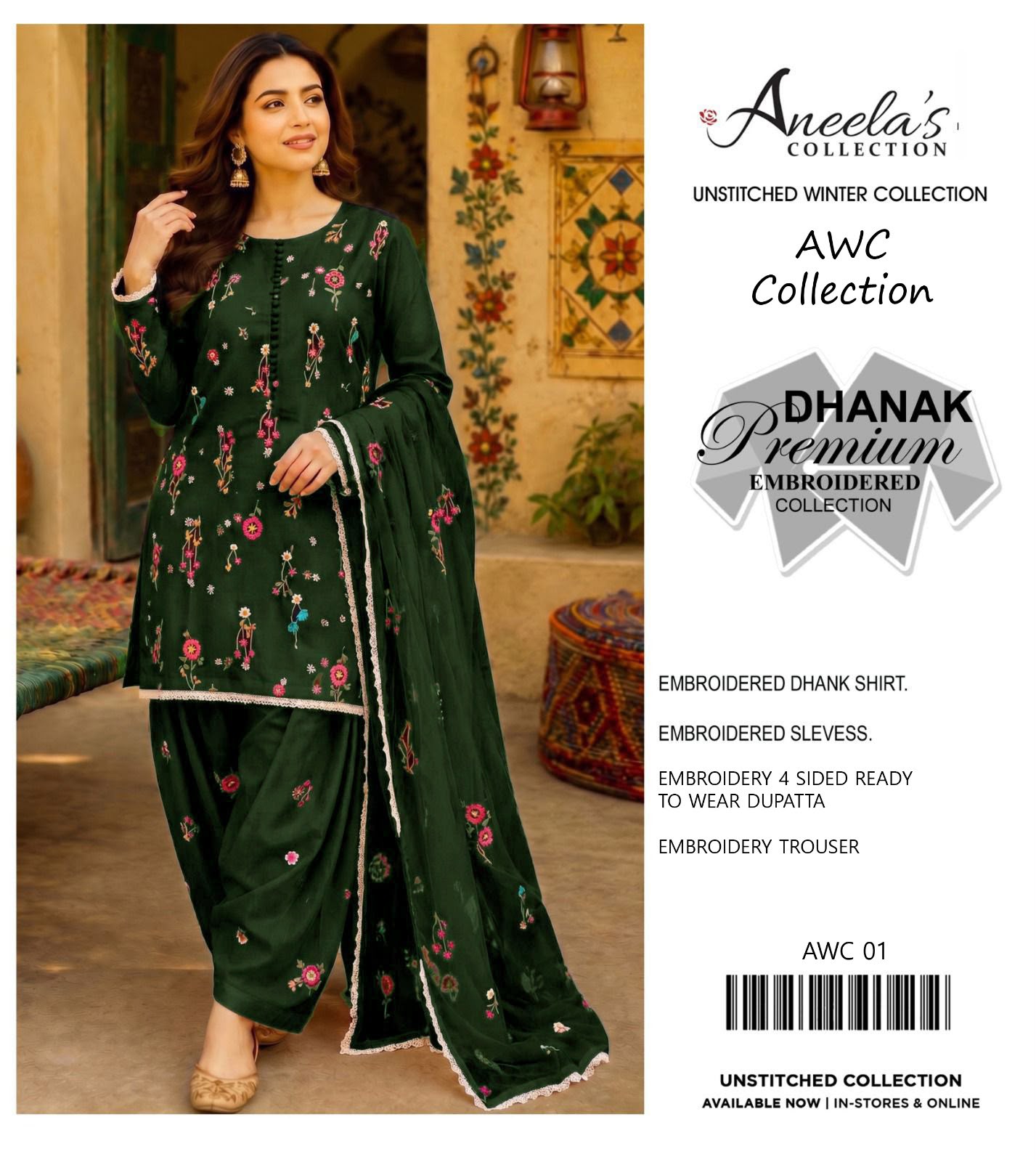 Dhanak embroidered luxury unstitched 3pc suit